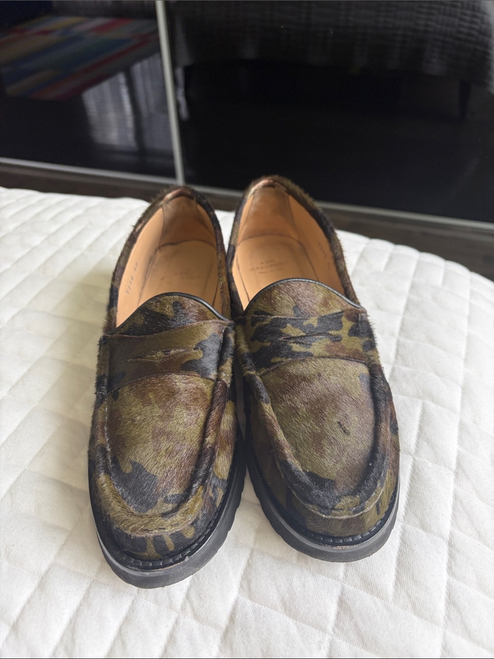 ANN MASHBURN Womens Camouflage Pony Skin Penny Loafers - Olive